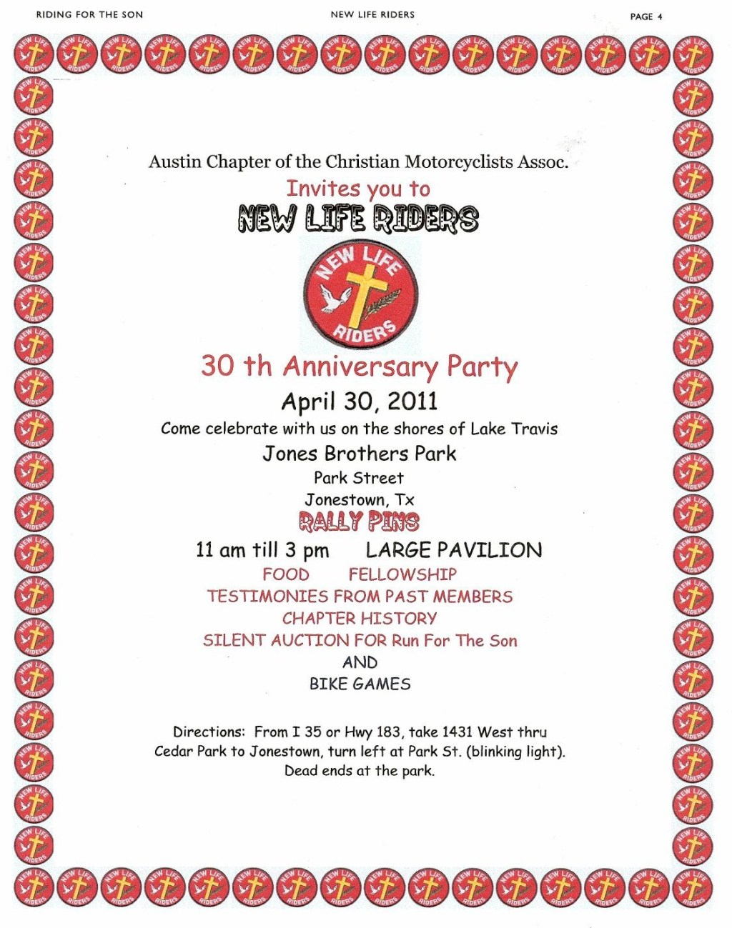 New Life Riders 30th Anniversary Party April 30th at Jones Brothers Park in Jonestown TX